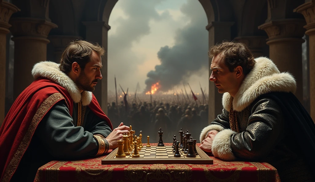 A captivating scene featuring Edward III and Philip VI engaged in a tense chess match, set against the dramatic backdrop of a medieval battlefield. Edward and Philip, dressed in regal, period-specific attire, focus intently on the chessboard, their expressions reflecting strategic contemplation and fierce rivalry. Behind them, through a large arched window or open archway, the chaos of battle unfolds with dark, swirling smoke and distant flashes of combat. The battlefield is filled with clashing soldiers and fluttering banners, adding a stark contrast to the calm yet intense chess game. The rich, shadowy tones and detailed, evocative style of Edmund Blair Leighton enhance the cinematic and dark atmosphere, illustrating the strategic and personal stakes of the conflict., Surrealism, Hyperrealism, UHD, retina, masterpiece, accurate, anatomically correct, textured skin, super detail, best quality, 16k