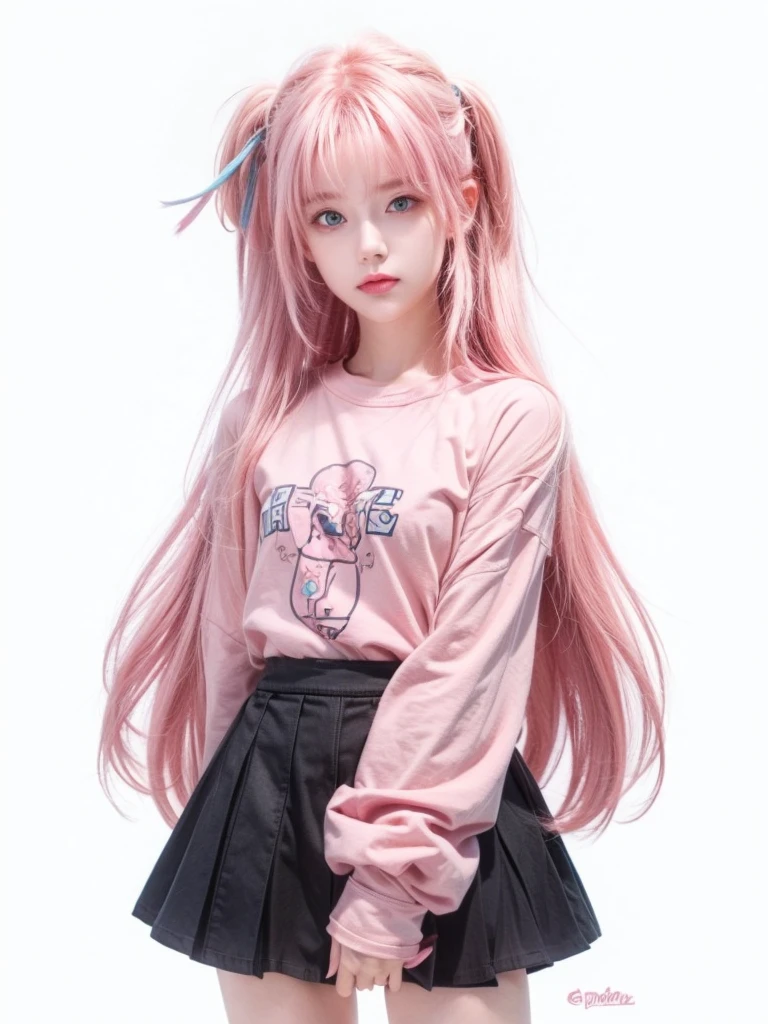 1 girl, pink hair, wearing a long plain pink t-shirt, light blue eyes, cute, realistic