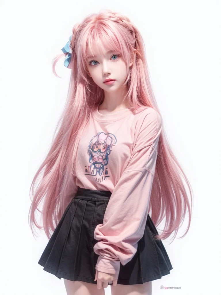 1 girl, pink hair, wearing a long plain pink t-shirt, light blue eyes, cute, realistic