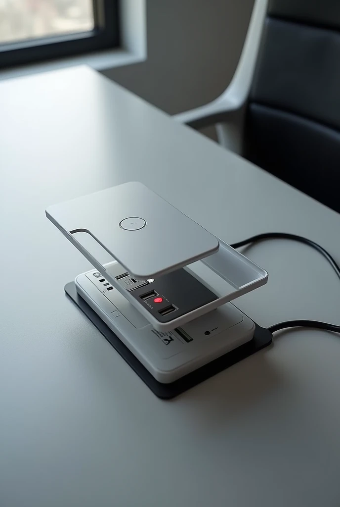 CREATE A Socket that is built into the Office Desk where it houses up to 5 electrical sockets and modules of your choice, USB and USB-C for data transfer or charging, red lo, and that it has a lid that closes it and has induction charging