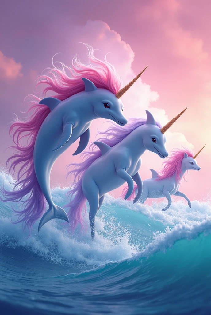 An image of dolphins with a pink background accompanied by a unicorn jumping in the sea. Everyone must have a big mane.