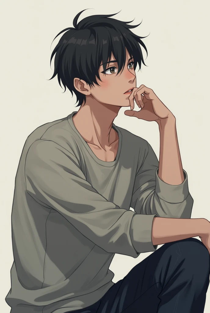Very serious pensive anime character with hand on chin, most serious man who is 16 to 1 sitting, The most handsome side face with casual clothes.