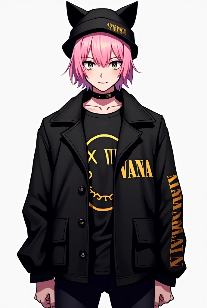 Man with short pastel pink hair color wearing a black coat that says nirvana and black pants with a hat with black cat ears on it as well