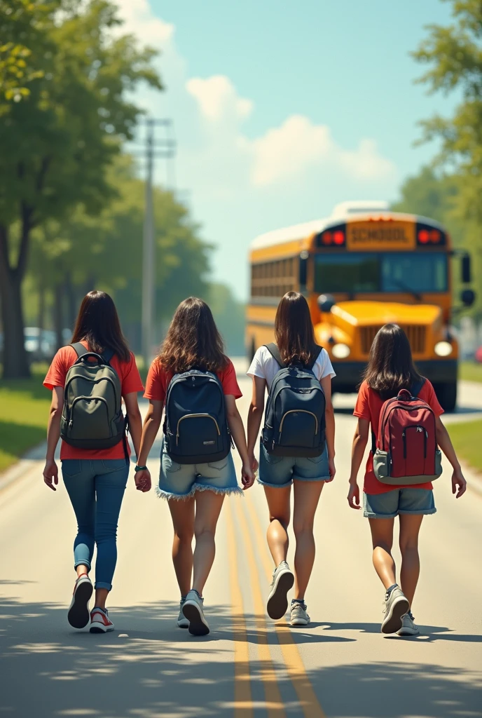 Next day the bus arrived. And stop. But they didnot get in. And bus went. They started walk to school oneby one on a line. Went bus also on frame