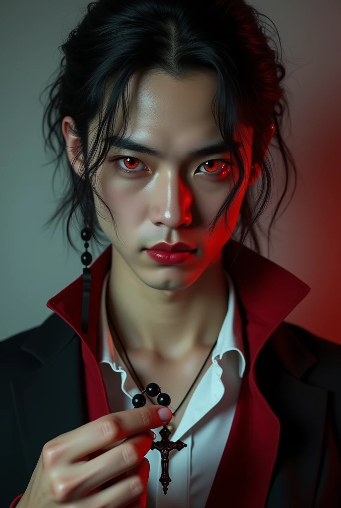 PhotoRealism, A asian-american looking handsome vampire holding a rosary, perfect jawline, gold eye, red eye