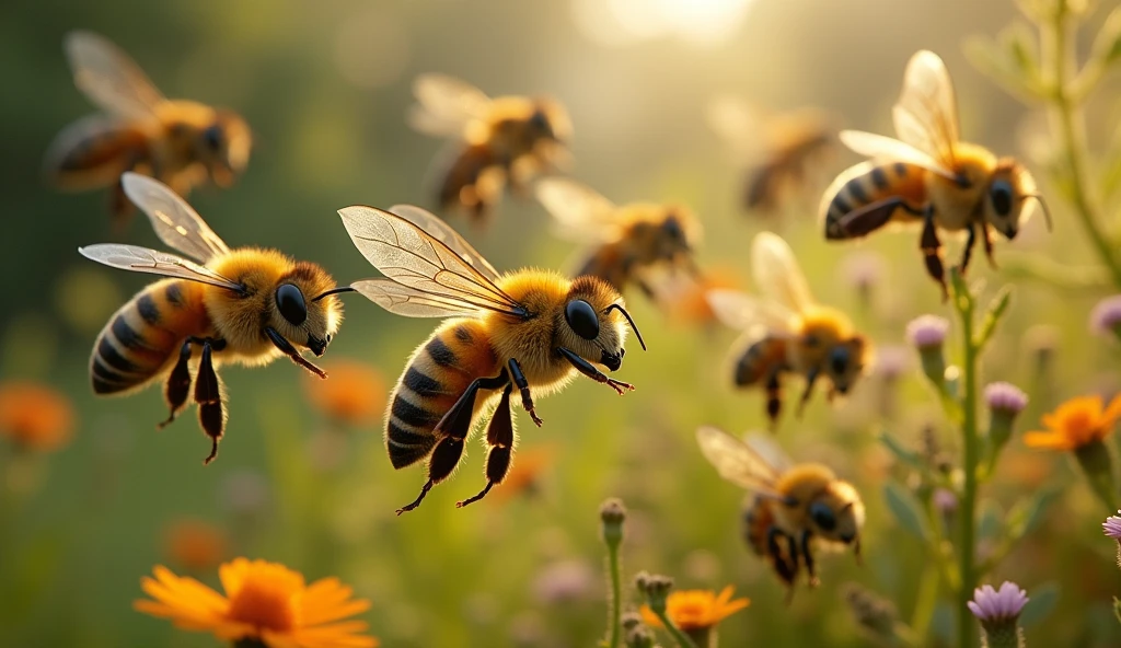 Seven busy bees buzzing near,