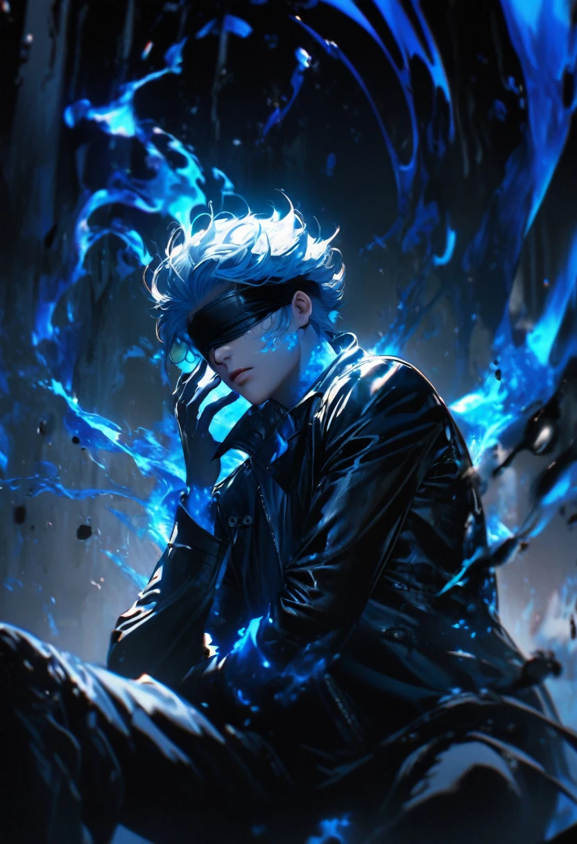 Realistic anime style, a male character with white spiky hair, wearing a black blindfold, with glowing blue eyes visible through the blindfold. The character is dressed in a sleek, modern black leather jacket, surrounded by swirling blue energy and liquid effects. The background is dark, emphasizing the glowing blue energy and giving a sense of power and mystery. The character’s pose is confident, with one hand held up to the face, partially covering it, and the other hand in a relaxed position. The atmosphere is intense and dramatic, with high contrast lighting to highlight the character’s features and the glowing blue effects.”