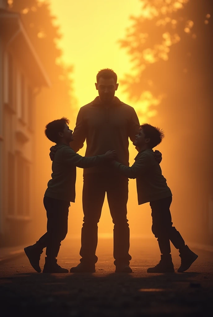 Silhouette of a father playing with his two boys aged 13 and 10.