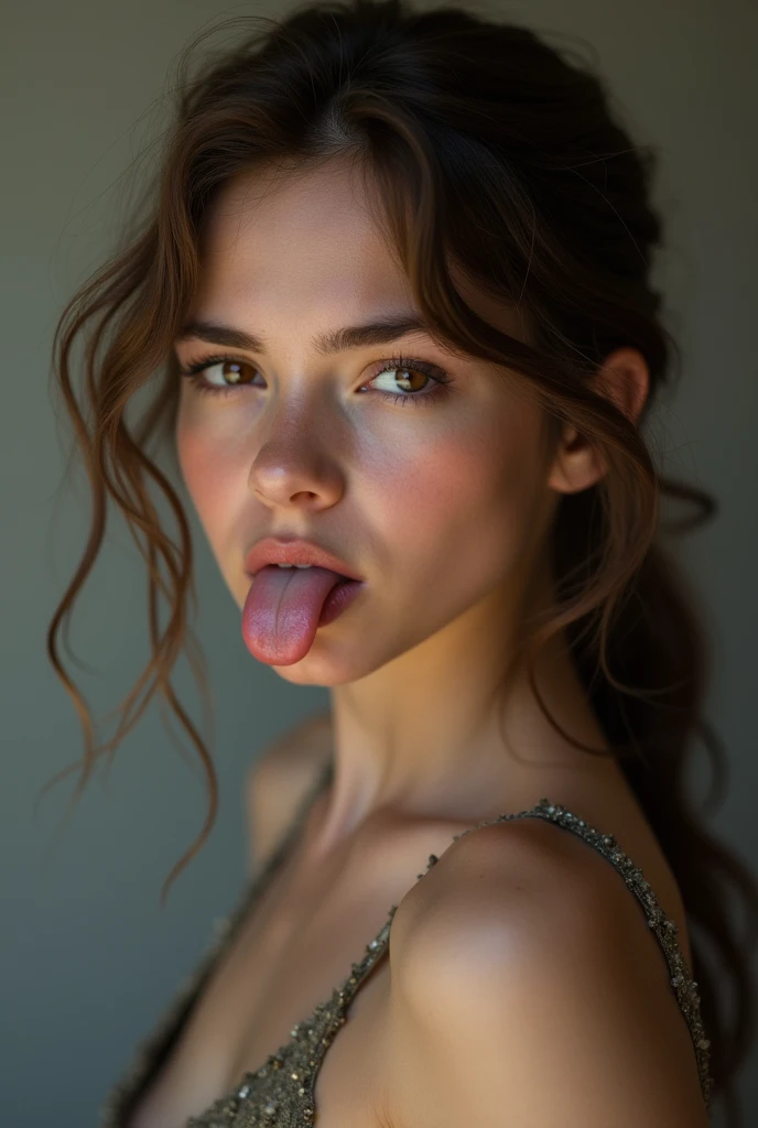 Realistic full body photo, of a young girl up to , no shirt, European face, sensual look, sticking tongue out, naked