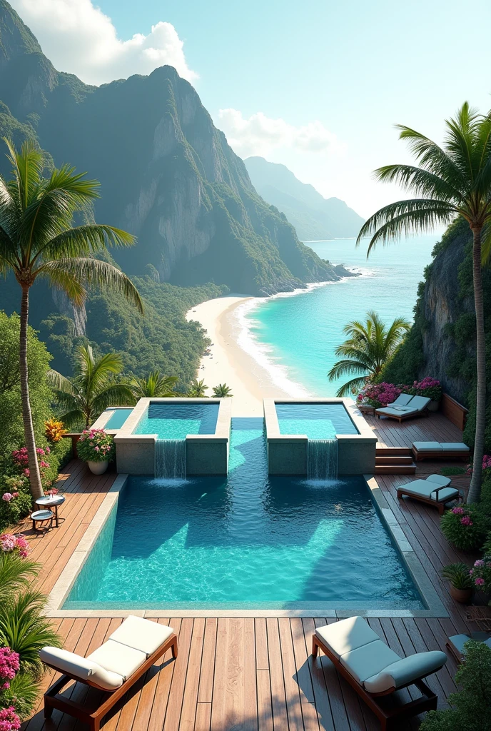 a deck at the top of a mountain with two large and bold swimming pools, all with an infinity edge and an artificial waterfall, around a beautiful garden with coconut trees and lots of colorful flowers, ultra elegant chairs and an umbrella and a small table with a small vase of flowers , on the horizon a beautiful paradisiacal beach with white foam forming as it reaches the white sand and