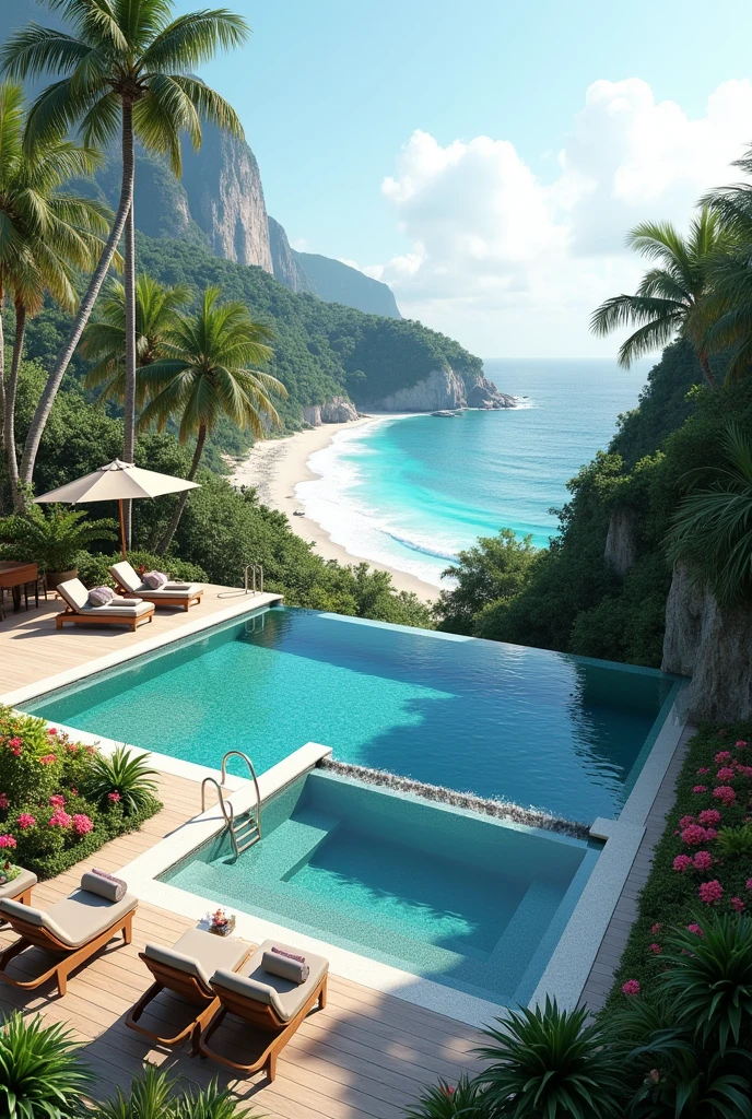 a deck at the top of a mountain with two large and bold swimming pools, all with an infinity edge and an artificial waterfall, around a beautiful garden with coconut trees and lots of colorful flowers, ultra elegant chairs and an umbrella and a small table with a small vase of flowers , on the horizon a beautiful paradisiacal beach with white foam forming as it reaches the white sand and