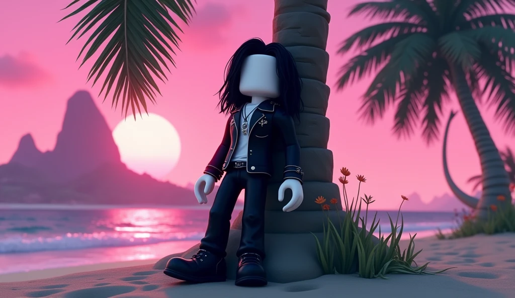 Handsome tall square Roblox male doll, with long black rocker hair, emo clothes and no lips, white skin, no mouth, and beautiful body, leaning on a palm tree, cartoon, Vice City GTA, stone mountain background on the beach with pink sky