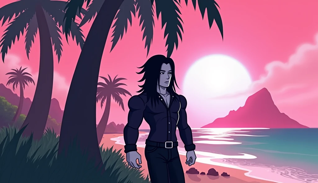 Handsome tall square Roblox male doll, with long black rocker hair, emo clothes and no lips, white skin, no mouth, and beautiful body, leaning on a palm tree, cartoon, Vice City GTA, stone mountain background on the beach with pink sky