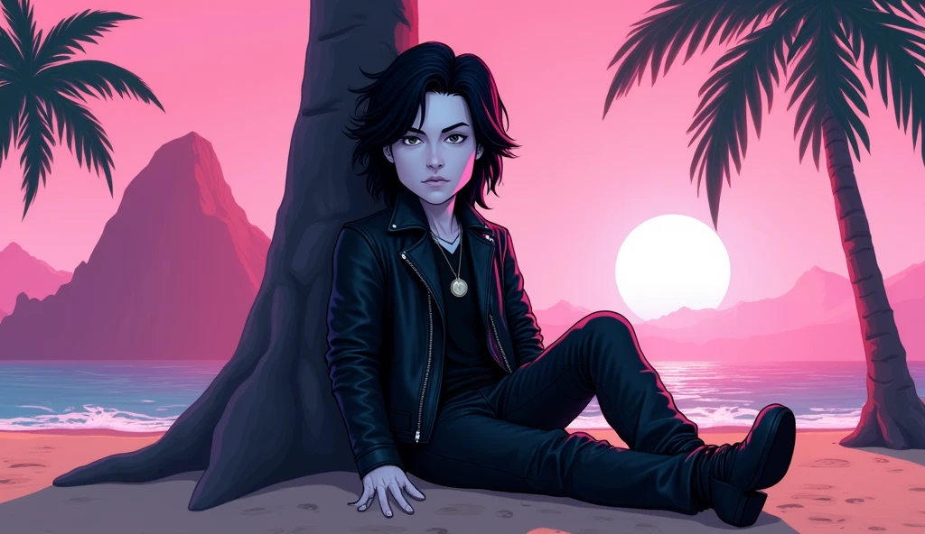Handsome tall square Roblox male doll, with long black rocker hair, emo clothes and no lips, white skin, no mouth, and beautiful body, leaning on a palm tree, cartoon, Vice City GTA, stone mountain background on the beach with pink sky