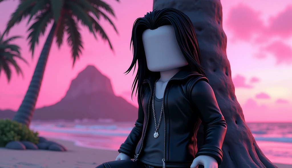 Handsome tall square Roblox male doll, with long black rocker hair, emo clothes and no lips, white skin, no mouth, and beautiful body, leaning on a palm tree, cartoon, Vice City GTA, stone mountain background on the beach with pink sky