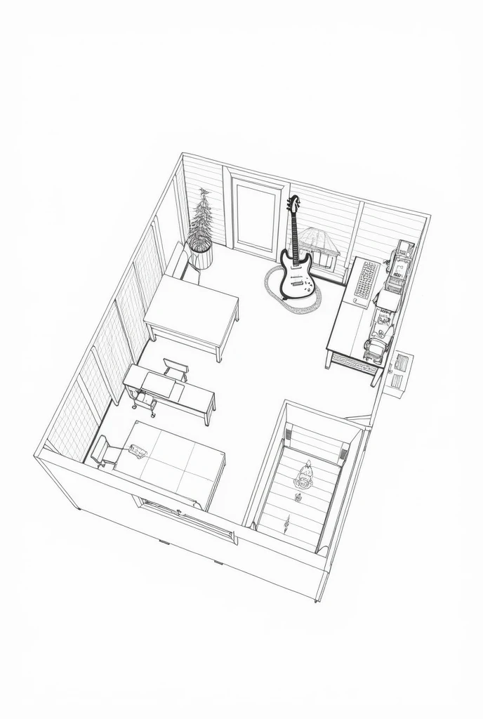 A sketch of a drawing of a room without color and that is of a person who likes the electric guitar without the person and that is a floor plan with a little more furniture