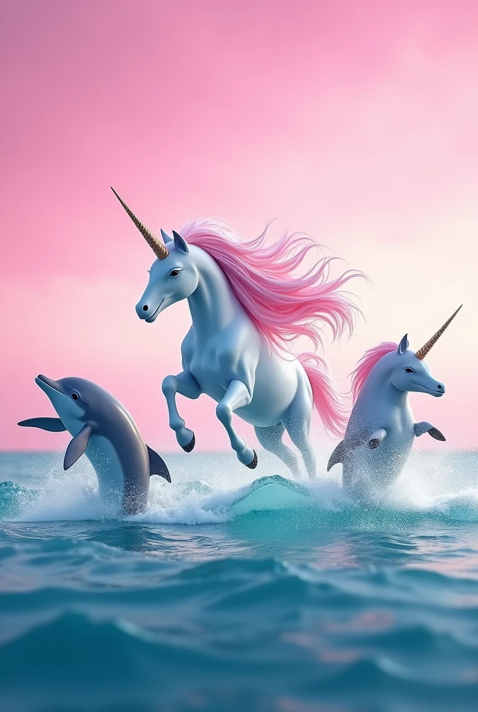 An image of dolphins with a pink background ,accompanied by a unicorn jumping in the sea everyone must have a big mane