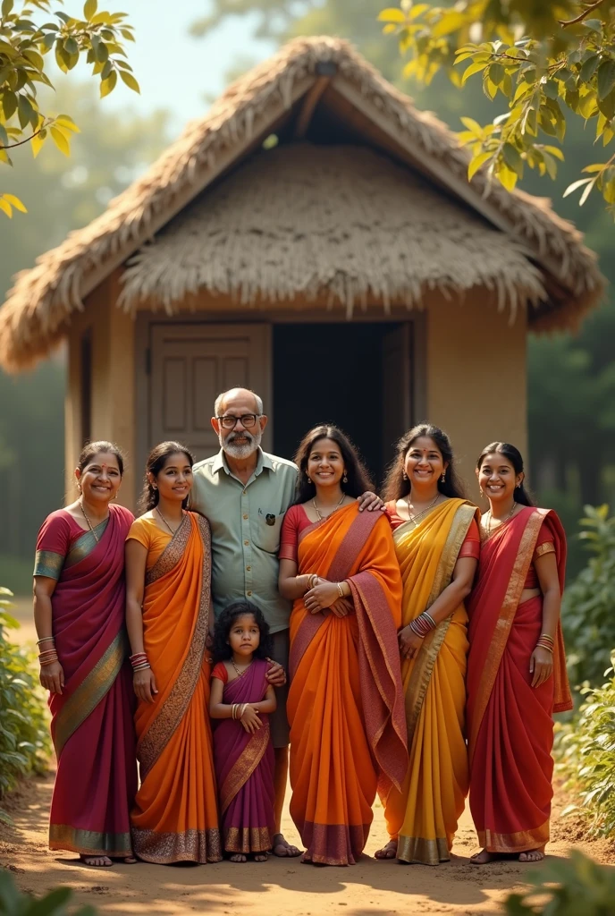 "A joyful Indian family of eight stands in front of a rural house, wearing traditional attire with smiles and happiness radiating from their faces. The house has a thatched roof, and the background reflects a serene village atmosphere."