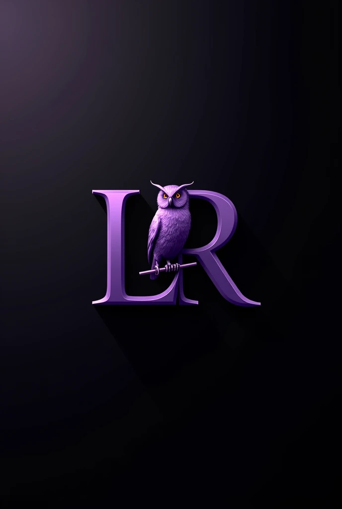 Legal logo with initials LR with metallic violet letters, black background and scale and metallic violet owl 
