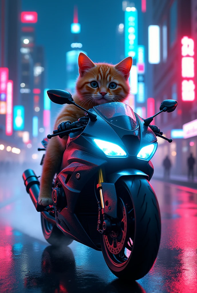 Cat riding bmw bike in neon city with blue and pink neon lights