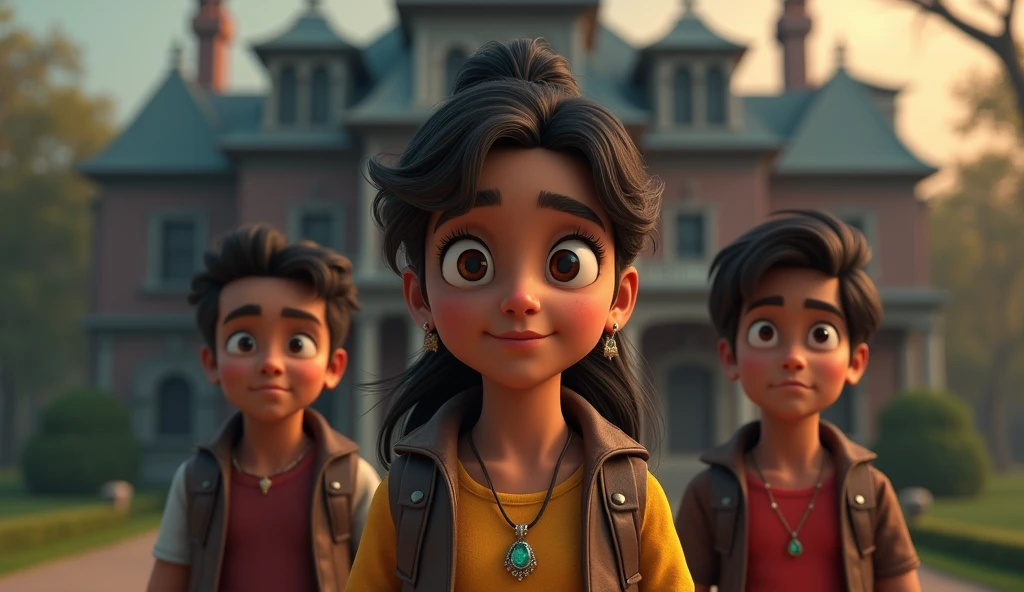 Sunita, Ravi, and Monu took the necklace and left the mansion. They understood that the mystery of the mansion was not just about ghosts, but was also a part of an old tradition. Their courage and friendship had helped them uncover the truth. The mansion had now become not just an old story for them, but a priceless experience."Genrate a High quality realistic 3D animation style