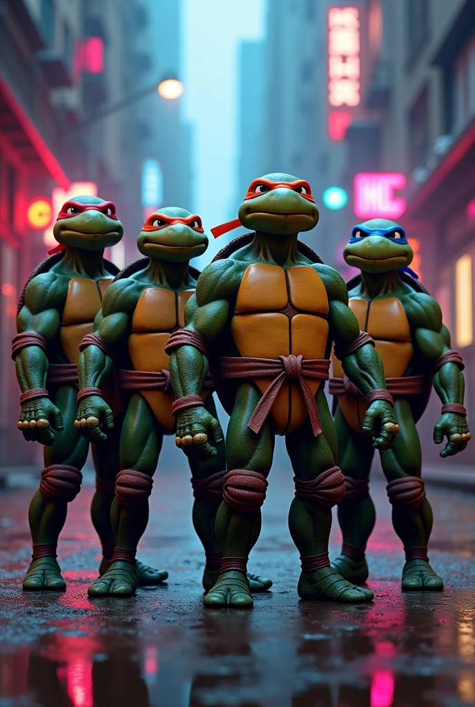 Teenage Mutant Ninja Turtles, the four brothers, stand united, staring intensely at the camera, ready for action, psychedelic, Cholo, Gamercore, Film photography, Substance 3D, Motion blur, game item, Chromatic palettes colors, Dreamy, ultraviolet lighting, super realistic, hyper detailed, dramatic lighting, 4k