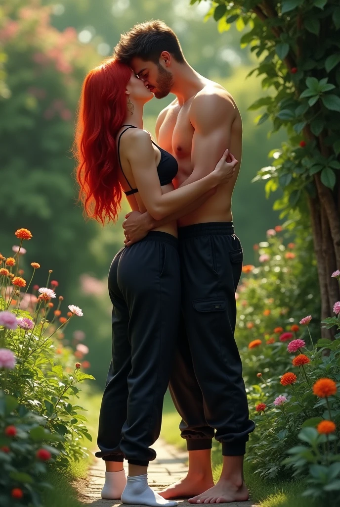 Red-headed, black sweatpants, Braless, white socks, Sexy woman without shoes kissing a man in the garden. 