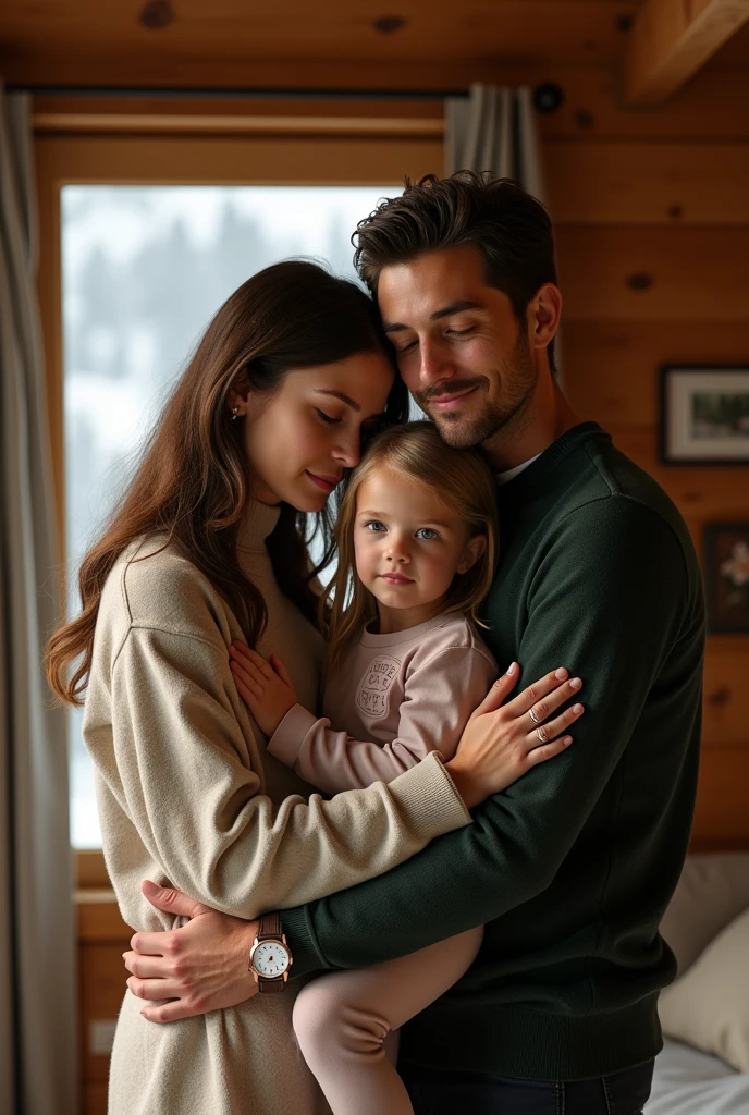 (Photorealism:1.1) a couple man dark brown hair and brown eyes together with a woman blonde green eyes long hair  e uma criança loira de 8 anos em um chalé em Lugano  e um IWC portuguese e usando aliança de casamento 8k ultra realistic super detailed 