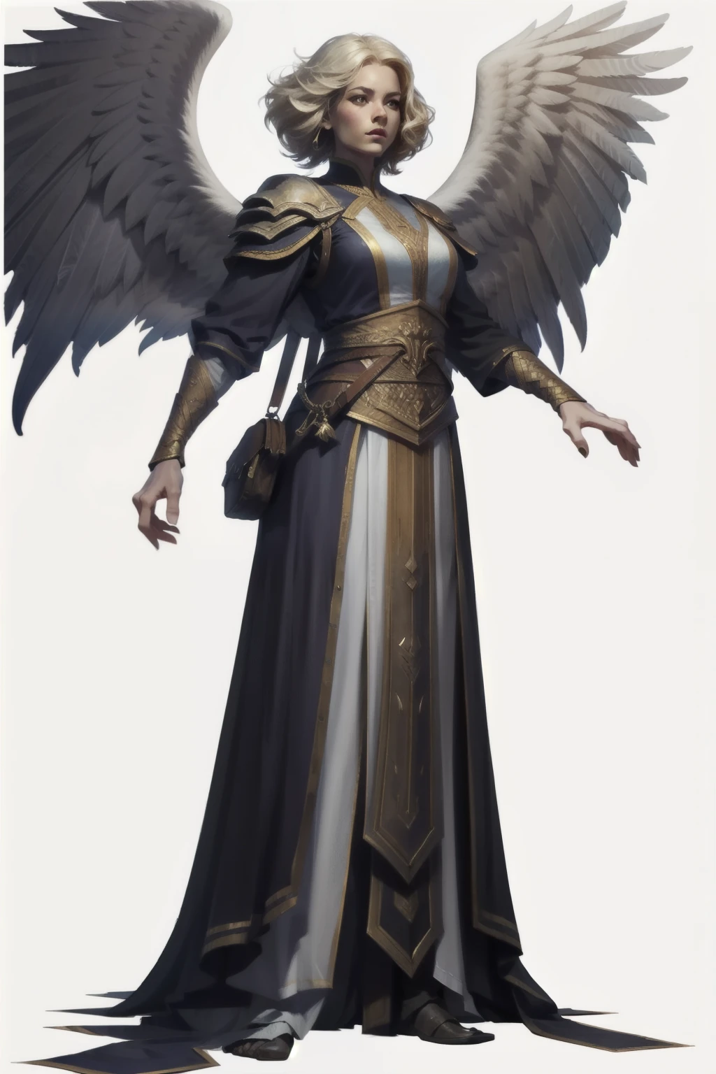 RPG character, I want a character with a white background, png, Hello, majestic clothes,Full-body image,  white skin color, Woman , two huge white wings, sexly, hair blonde, and clothes flying, glad
