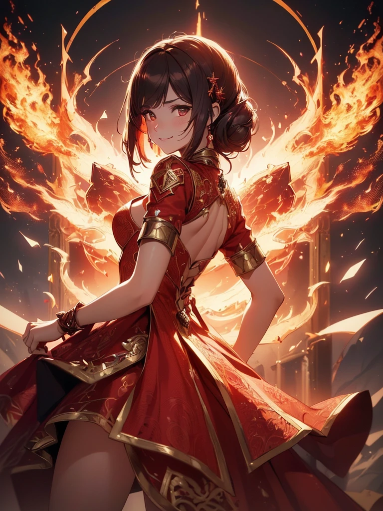 (((best quality, sharp image, clear image, cinematic lighting, 8k resolution, masterpiece, ultra detailed, intricate))) Girl, sorcerer, cute, intricate dress, smiling, fiery red, ((intricate background)), (rune frame), dimension, ((shot from behind)), fire sigils, chaotic background.