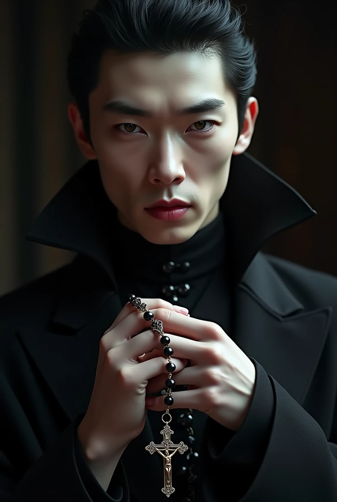 PhotoRealism, A chinese looking handsome vampire holding a rosary, perfect jawline,