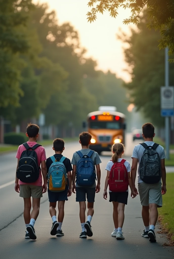Next day the bus arrived. And stop. But they didnot get in. And bus went. They started walk to school oneby one on a line. Went bus also on frame. Bus on same direction they walk