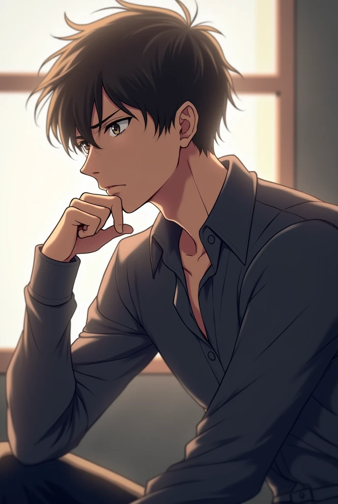 Very serious pensive anime character with hand on chin, most serious man who is 16 to 1 sitting, The most handsome side face in casual clothes