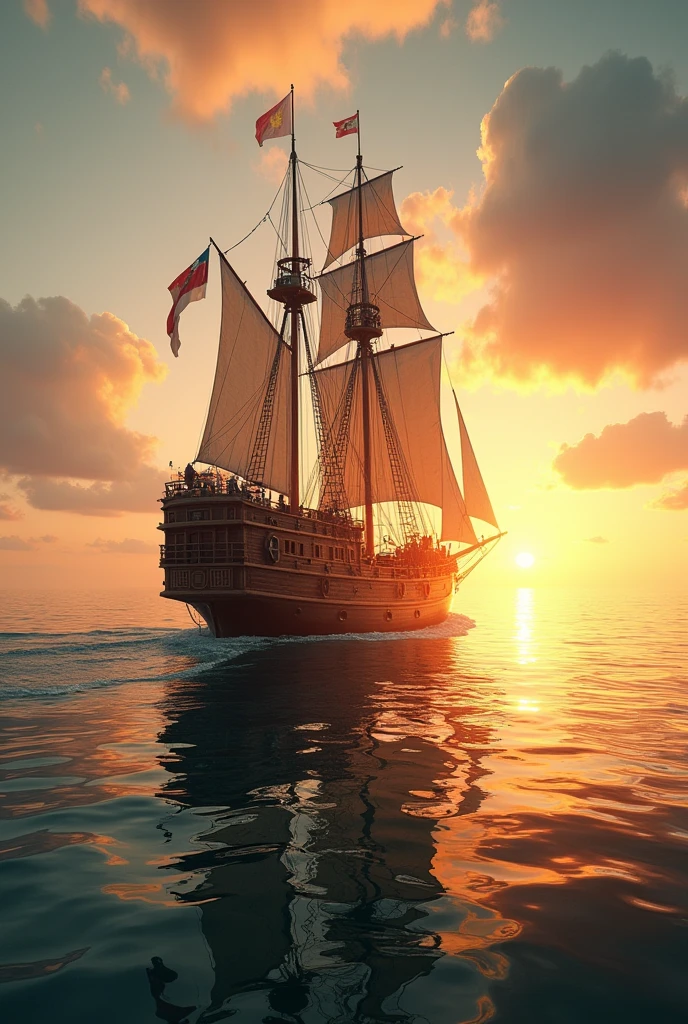 create a fishing vessel that bends the horizon where the sea and the sun meet