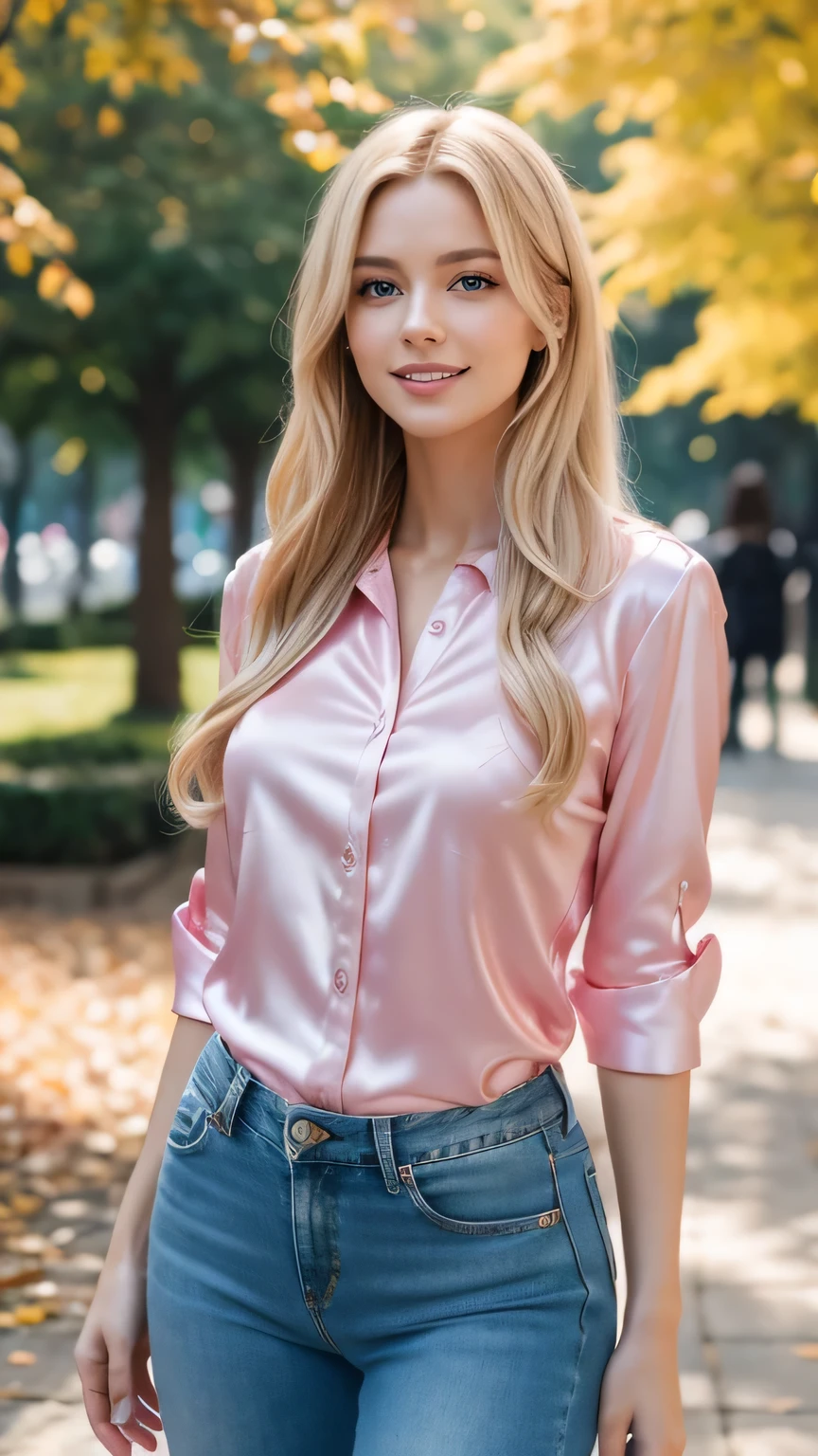 Realistic full body photo of a smiling, beautiful blonde woman with long hair, She dances in front of the camera in a long pink satin shirt and tight, elegant white tight jeans ...., fine fabrics, Park,glamour fotoshooting, Park, perfect anatomy, perfect blue eyes. Perfect hands with 5 fingers on each hand, Suitable woman, looking at the camera, 1 Frau. (Eye make up:1.1), (highly detailed skin:1.1), spirit, analog style, keen focus, 8K UHD, dslr, good quality, Fujifilm XT3, Grain, Award-winning, masterpiece. Park