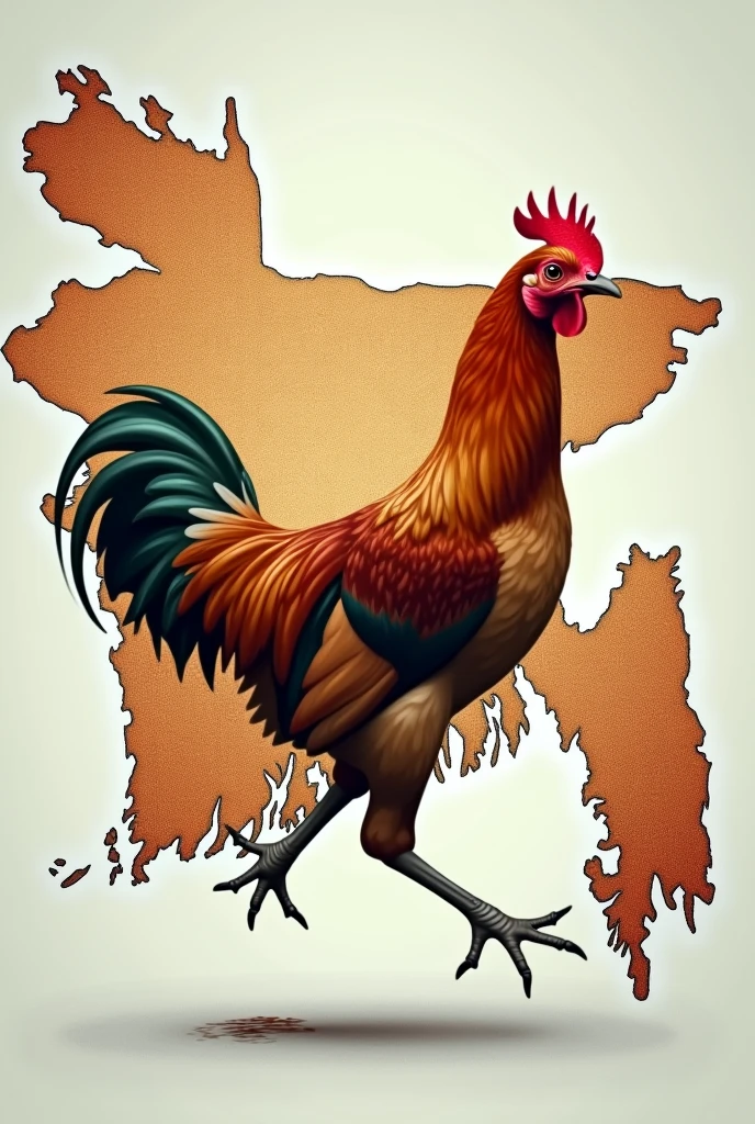 Certainly! He
"An edited political map of Bangladesh where a right facing chicken’s body is integrated into the map. The chicken’s leg should be placed directly over the Chittagong region, with the leg and map subtly blended together using a slight blur effect. The blur should be just enough to make both the Chittagong region and the chicken leg visible and distinct while ensuring they blend naturally. The map and chicken should retain realistic details, with the map remaining clearly visible. In a way where the map of Bangladesh looks like a chicken flapping wings with sylhet looking like wing and Chittagong looking like a leg. Running Chicken head is on dinajpur and body on dhaka and one leg on Chittagong as spread for running.
Chicken body height matches map height so head is on dinajpur and one running leg on Chittagong.
Chicken has left facing body on map with leg on Chittagong
