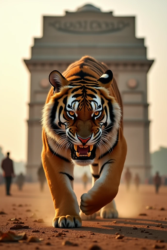 Tiger in front of India gate in a very aggressive mode