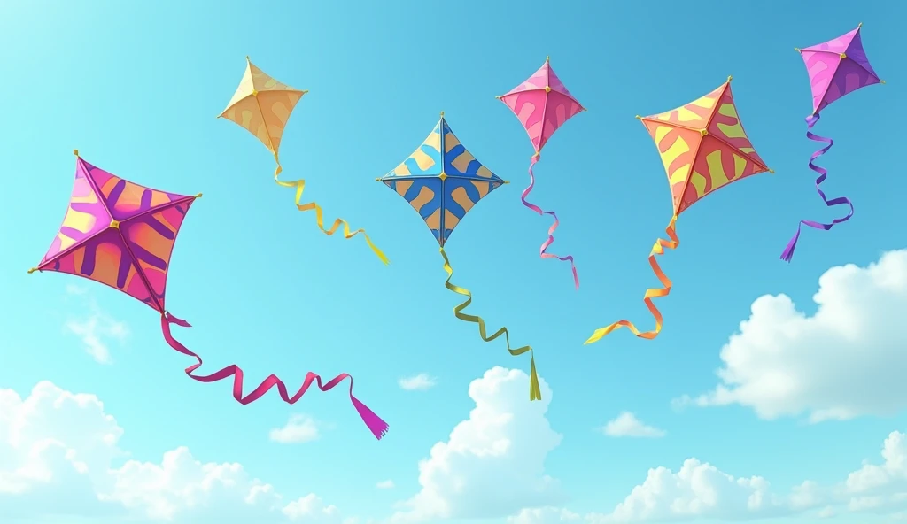 Eight colorful kites soaring clear