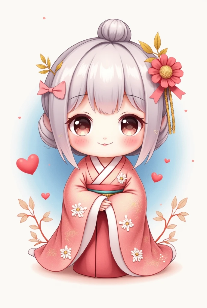 Japanese kokeshi drawing for logo, with big bright eyes, an adorable smile, and slightly rosy cheeks. Long pink and lilac hair,with an oriental geisha-type hairstyle. The expression of the kokeshi is joyful, transmitting a feeling of warmth and tenderness. The colors of the design are soft and pastel, with details in pink and blue tones for an even more adorable look. The background is simple and clear to highlight the central character..