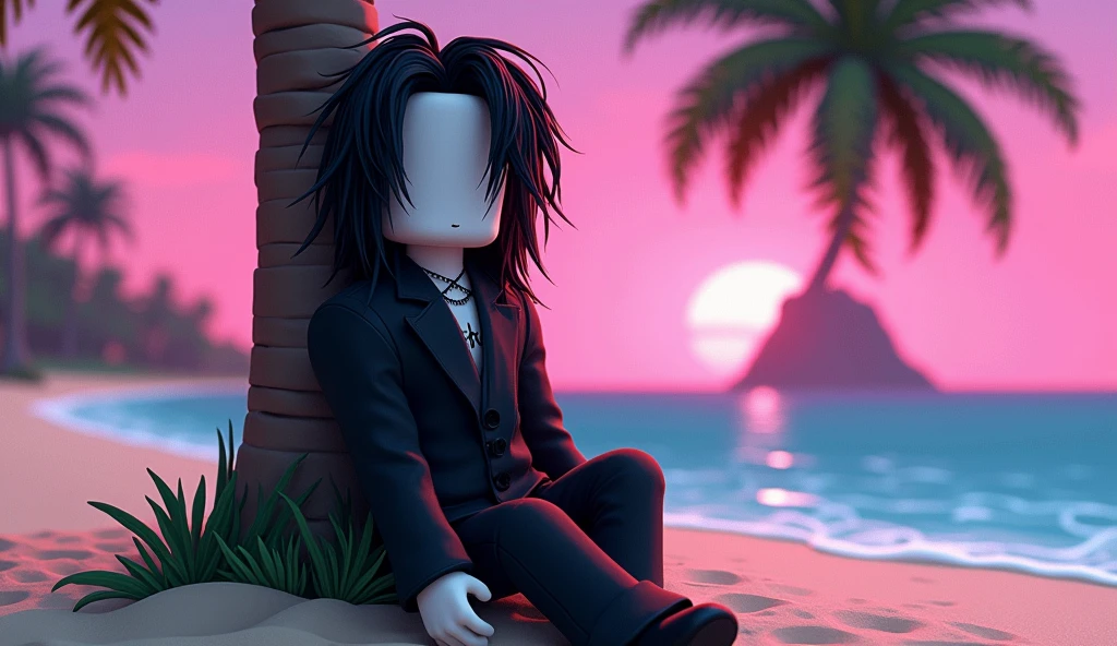 Handsome tall square Roblox male doll, with long black rocker hair, emo clothes and no lips, white skin, no mouth, and beautiful body, leaning on a palm tree, cartoon, Vice City GTA, stone mountain background on the beach with pink sky