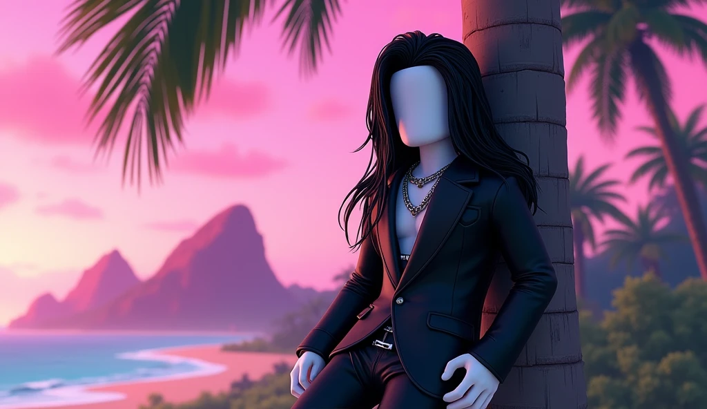 Handsome tall square Roblox male doll, with long black rocker hair, emo clothes and no lips, white skin, no mouth, and beautiful body, leaning on a palm tree, cartoon, Vice City GTA, stone mountain background on the beach with pink sky