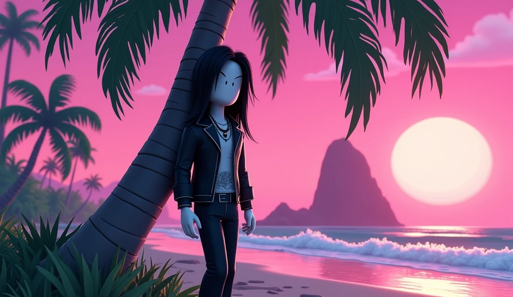 Handsome tall square Roblox male doll, with long black rocker hair, emo clothes and no lips, white skin, no mouth, and beautiful body, leaning on a palm tree, cartoon, Vice City GTA, stone mountain background on the beach with pink sky