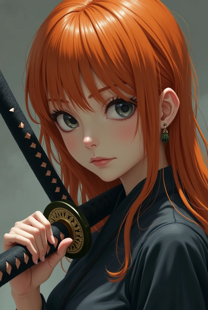 a close up of a woman holding a sword in her hand, nami from one piece, nami one piece, from one piece, she is holding a katana sword, bleach manga style, nami, inspired by Kusumi Morikage, she is holding a sword, holding a sword on her shoulder, portrait de shanks le roux