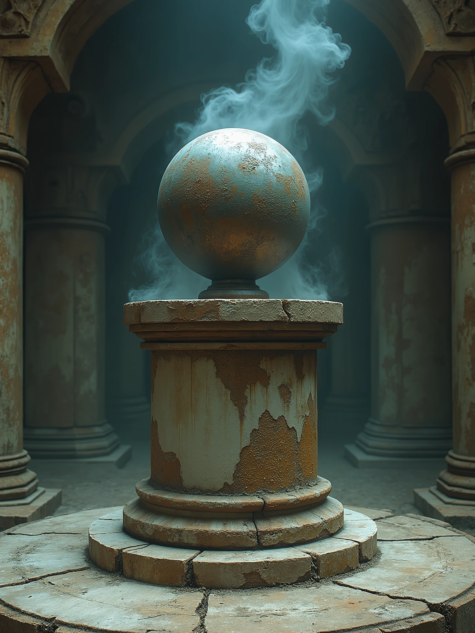 revolve, rusty, ancient, on top of a white stone altar