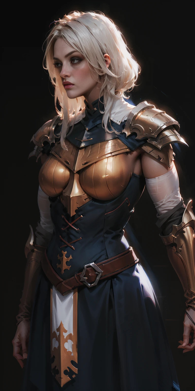 (black background) 1soloefemale, low angle, from below, paladin templar lady in white tabard, correct anatomy, epic fantasy digital art, tmasterpiece, 8k, high definition resolution, detailed drawing, superior quality, epic composition, female muscular body cover breastplate, muscular turned arms behind body