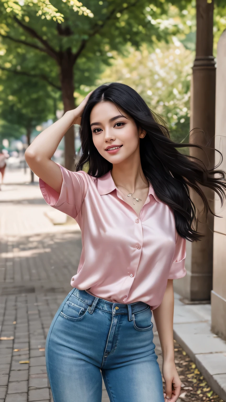 Realistic full body photo of a smiling, beautiful black-haired woman with long hair, She dances in front of the camera in a long pink satin shirt and tight, elegant white tight jeans ...., fine fabrics, Park,glamour fotoshooting, Park, perfect anatomy, perfect brown eyes. Perfect hands with 5 fingers on each hand, Suitable woman, looking at the camera, 1 Frau. (Eye make up:1.1), (highly detailed skin:1.1), spirit, analog style, keen focus, 8K  UHD, dslr, good quality, Fujifilm XT3, Grain, Award-winning, ​masterpiece. Park