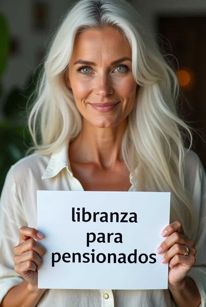 Create a stunningly beautiful woman with striking blue-green eyes and long, white hair, standing confidently while holding a sign that reads 'Libranza para Pensionados'. Her features should be delicate yet captivating, with a gentle smile that conveys warmth and approachability. The sign should be clear and easy to read, held at chest level. The overall image should be elegant and polished, with a focus on the woman's radiant beauty and the clarity of the message on the sign." 