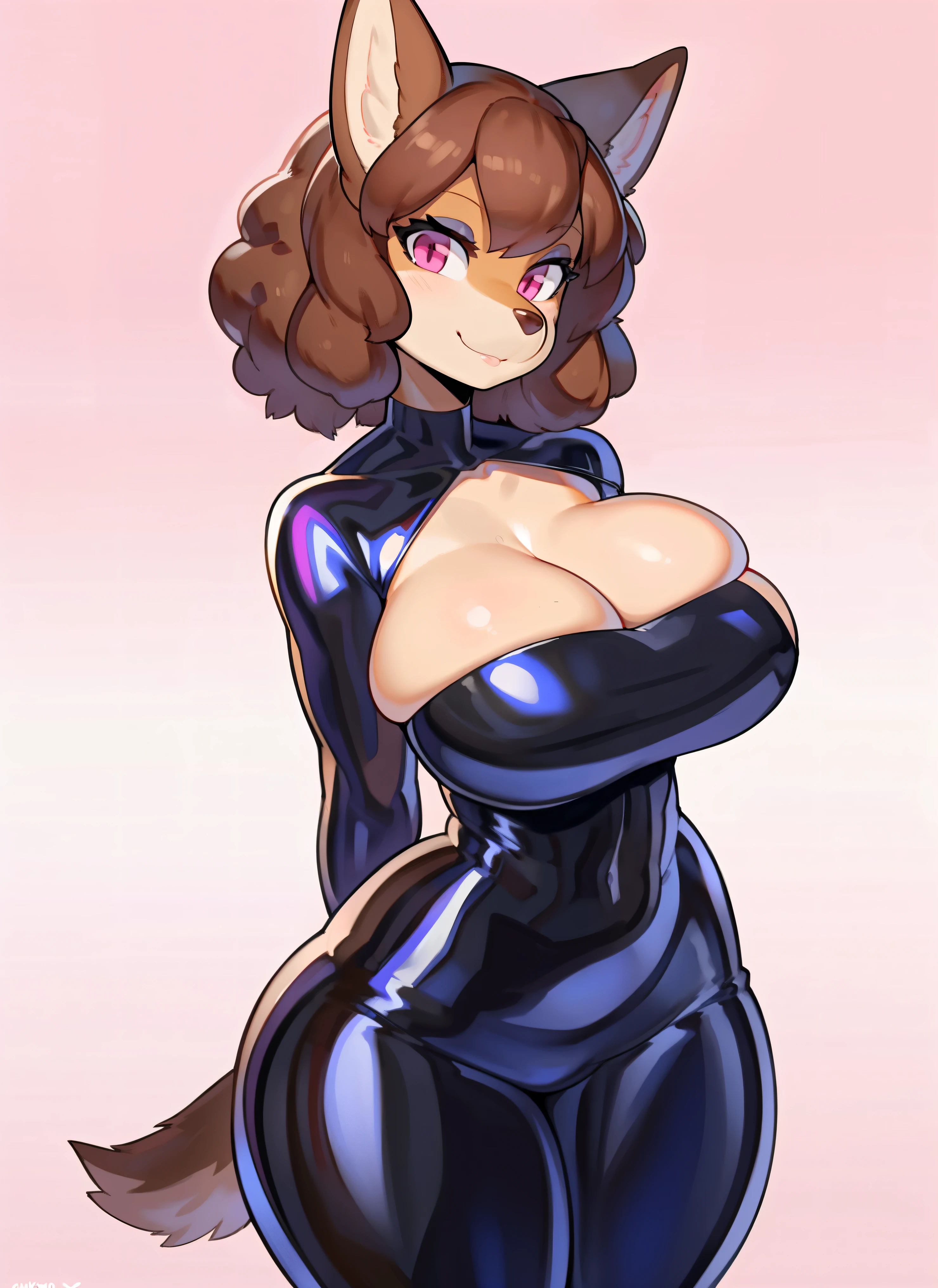 by by buta99, by chelodoy, by spikedmauler, by cervina7, solo, female, standing, looking at viewer, ((hair, snout)), smiling, lips, eyelashes, eyeliner, big breasts, cleavage, , light brown fur, pink eyes, sexy, long light brown hair, skinny, canine, pink, kawaii, domestic dog, curly hair, small waist, huge thighs, , big eyes, kawaii background, latex, bimbo
