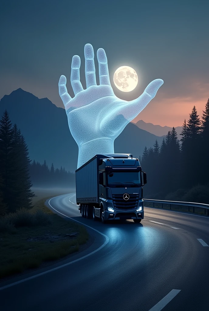 A powerful Mercedes-Benz truck driving on a long, winding road at dusk, with the sky transitioning from the warm colors of sunset to the deep blues of night. The moon, full and luminous, hangs in the sky, casting a silvery glow over the landscape. A large, transparent hand appears above the truck, gently cradling it as it navigates through shadowy trees and distant mountains. The hand symbolizes protection and guidance, giving a sense of safety as the truck moves forward under the serene night sky. The image should evoke feelings of trust, strength, and the calm assurance of a protected journey under the moonlight, with the protective hand adding a touch of the mystical and reassuring