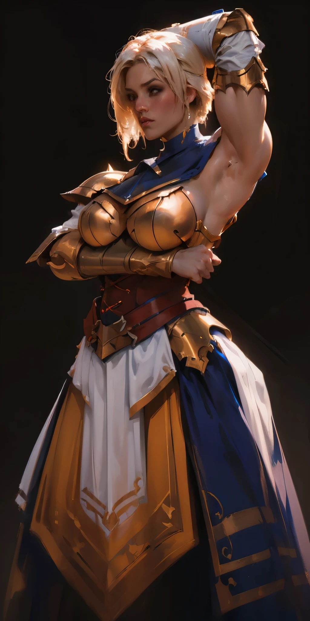 (black background) 1soloefemale, low angle, from below, paladin templar lady in white tabard, correct anatomy, epic fantasy digital art, tmasterpiece, 8k, high definition resolution, detailed drawing, superior quality, epic composition, female muscular body cover breastplate, muscular turned arms behind body